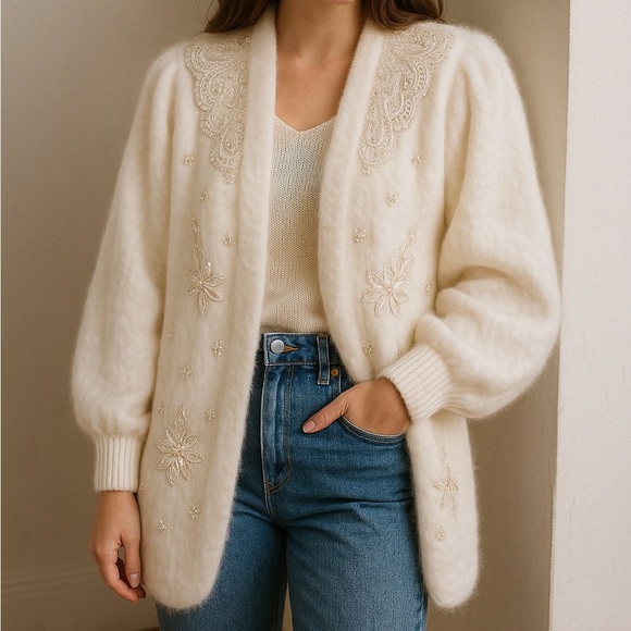 Rare Vintage Embellished Angora Blend Sweater Coat - Picture 1 of 15